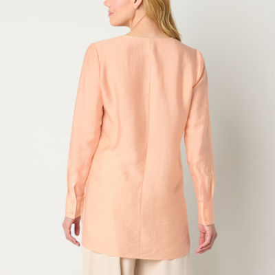 Worthington Womens V Neck Long Sleeve Satin Blouse
