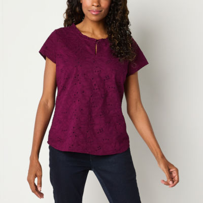 Liz Claiborne Womens Keyhole Neck Short Sleeve Blouse