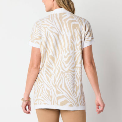 Liz Claiborne Womens Short Sleeve Open Front Animal Cardigan
