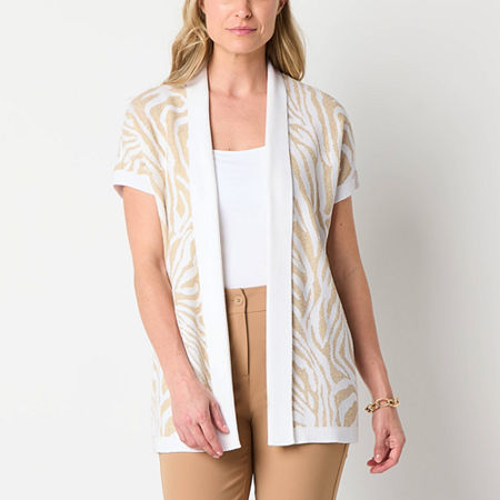 Liz Claiborne Womens Short Sleeve Open Front Animal Cardigan, Large, Beige