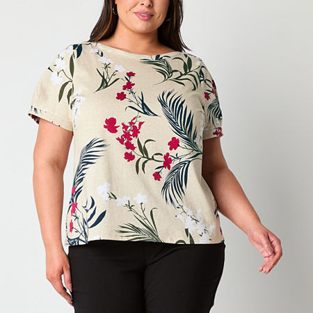 Liz Claiborne Plus Womens Boat Neck Short Sleeve Blouse, 2x, Beige