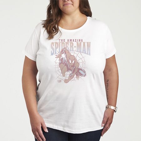 Amazing Spiderman Webs Tonal Washed Womens Plus Crew Neck Short Sleeve Spiderman T-Shirt, 1x, White