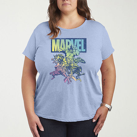 Marvel Group Rainbow Womens Plus Crew Neck Short Sleeve Marvel T-Shirt, 2x, Beige