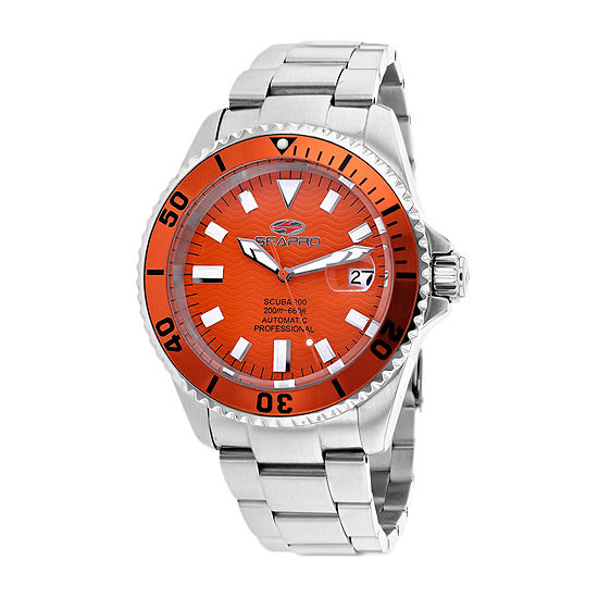 Seapro Scuba 200 Mens Orange and Silver-Tone Stainless Steel Watch