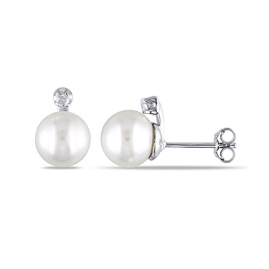 Cultured Freshwater Pearl & Diamond Accent Sterling Silver Earrings