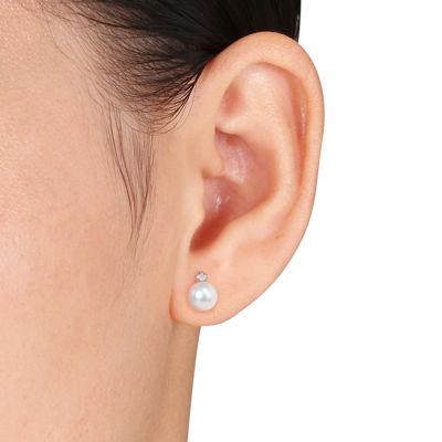 Cultured Freshwater Pearl & Diamond Accent Sterling Silver Earrings
