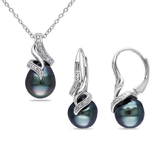 1/10 CT. T.W. Diamond & Black Tahitian Pearl Sterling Silver Necklace and Earring Set
