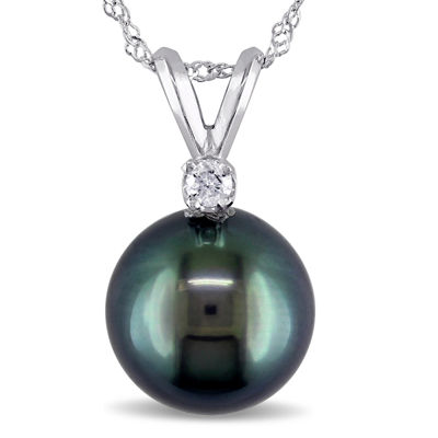 Genuine Black Tahitian Pearl & Diamond Accent 14K White Gold Pendant