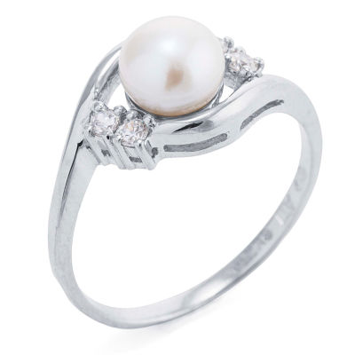 Silver Treasures Cultured Freshwater Pearl Womens White Cubic Zirconia Sterling Silver Delicate Bypass  Promise Ring