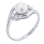 Silver Treasures Cultured Freshwater Pearl Cubic Zirconia Sterling Silver Bypass  Delicate Promise Ring