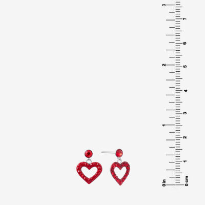 Silver Treasures Womens Red Crystal Sterling Silver Heart Drop Earrings