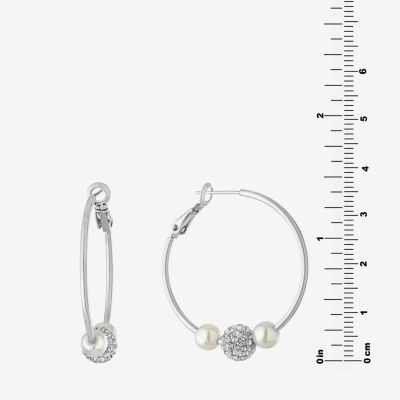 Silver Reflections Crystal Simulated Pearl Pure Silver Over Brass Hoop Earrings