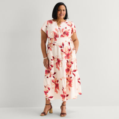 Liz Claiborne Womens Plus Midi Short Sleeve Floral Peasant Dress