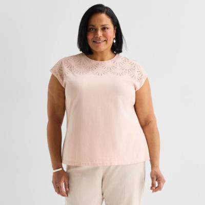 Liz Claiborne Womens Plus Crew Neck Short Sleeve Embellished Blouse