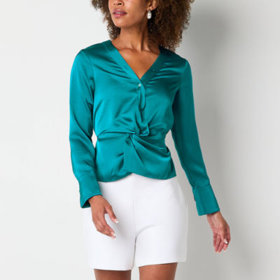 Bold Elements Womens V Neck Long Sleeve Satin Blouse