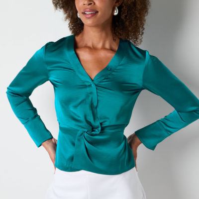 Bold Elements Womens V Neck Long Sleeve Satin Blouse