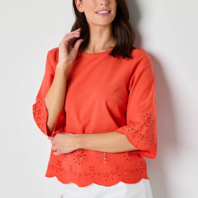 St. John's Bay Womens Round Neck Embroidered Blouse
