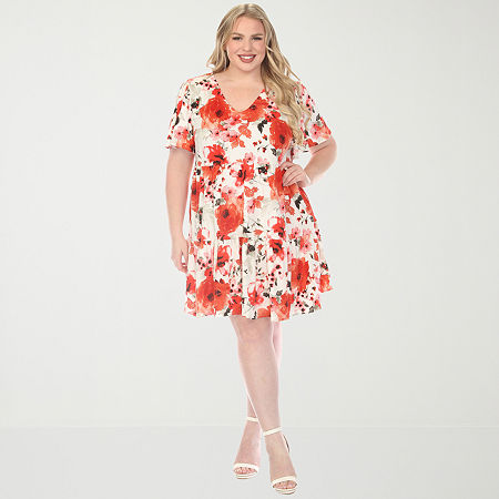 White Mark Womens Plus V Neck Short Sleeve Floral A-Line Dress