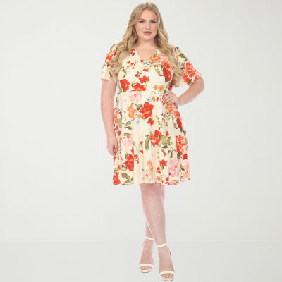 White Mark V-Neck Tropical Flower Short Sleeve Womens Plus V Neck Short  Sleeve Floral A-Line Dress - JCPenney