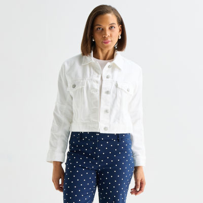 Liz Claiborne Womens Tall Denim Midweight Cropped Jacket, Color: White -  JCPenney