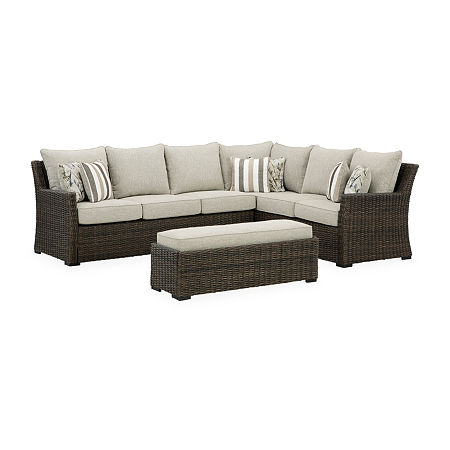 Signature Design By Ashley Brook Ranch 3-pc. Outdoor Sofa Sectional And Bench With Cushions, One Size, Brown