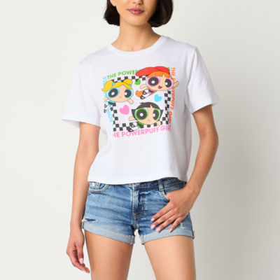 Juniors Cropped Womens Crew Neck Short Sleeve Powerpuff Girls Graphic T-Shirt