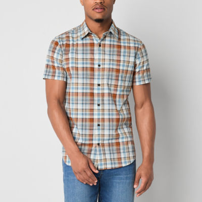 mutual weave Mens Regular Fit Short Sleeve Plaid Button-Down Shirt