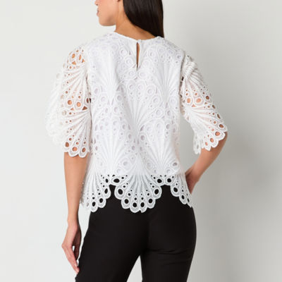 52seven Womens Crew Neck Short Sleeve Lace Blouse