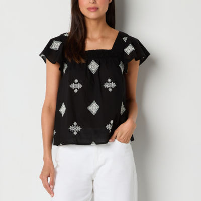 a.n.a Womens Square Neck Short Sleeve Embroidered Top - JCPenney