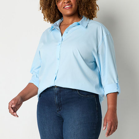 Gloria Vanderbilt Plus Womens Long Sleeve Regular Fit Button-Down Shirt, 2x, Blue