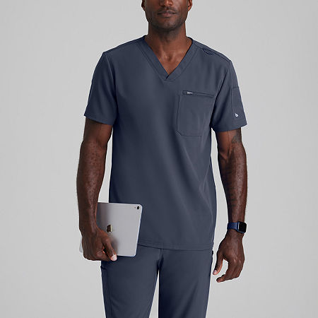 Barco Unify But153 Rally 3-pocket Mens V Neck Short Sleeve Stretch Fabric Moisture Wicking Wrinkle Resistant Scr In Gray