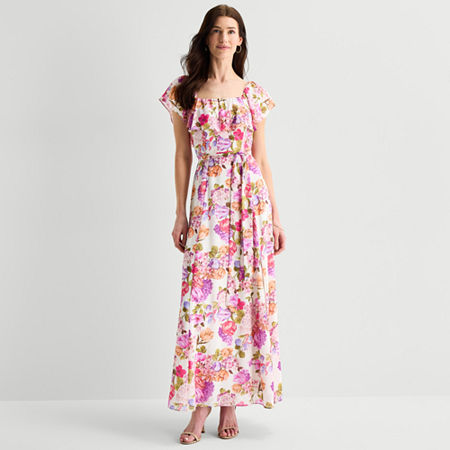 Melonie T Womens Square Neck Short Sleeve Ruffled Maxi Dress