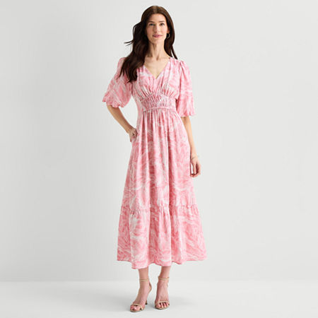 Melonie T Womens V Neck Short Sleeve Puffed Maxi Dress
