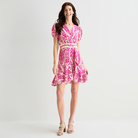 Melonie T Womens V Neck Short Sleeve Puffed Paisley Fit + Flare Dress