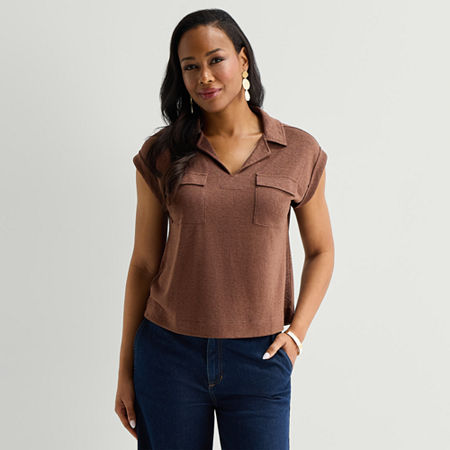 Liz Claiborne Womens V Neck Short Sleeve Blouse, Large, Brown