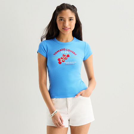 Arizona Womens Juniors Crew Neck Short Sleeve Regular Fit Graphic T-Shirt, Small, Blue