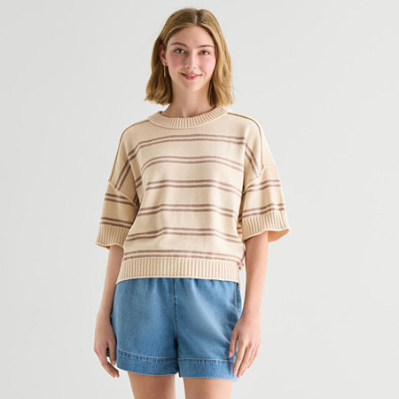 a.n.a Womens Crew Neck 3/4 Sleeve Striped Pullover Sweater