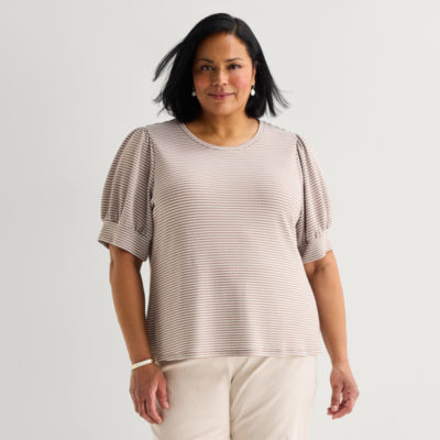 Liz Claiborne Womens Plus Crew Neck Short Sleeve Blouse