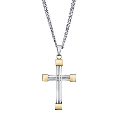 Mens Stainless Steel and Yellow IP Cross Pendant Necklace, Color: Two ...