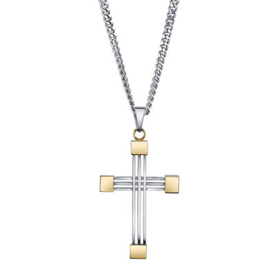 Mens Stainless Steel and Yellow IP Cross Pendant Necklace