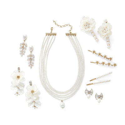 Bijoux Bar Gold Tone Glass Simulated Pearl Flower Drop Earrings