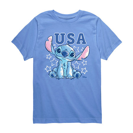 Disney Collection Little & Big Kid Boys Crew Neck Short Sleeve Regular Fit Lilo & Stitch Graphic T-Shirt, Large, Blue