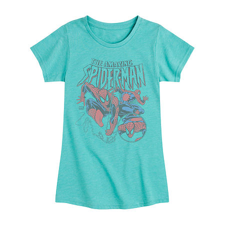 Disney Collection Little & Big Kid Girls Crew Neck Short Sleeve Regular Fit Marvel Spiderman Graphic T-Shirt, Large, Blue