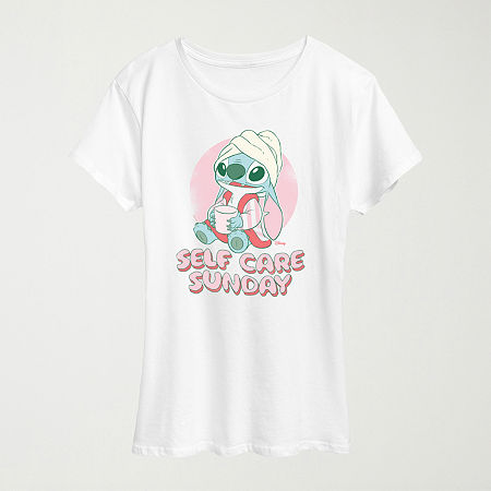 Stitch Self Care Womens Crew Neck Short Sleeve Classic Fit Graphic T-Shirt, Large, Beige