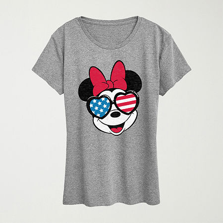 Minnie Flag Glasses Womens Crew Neck Short Sleeve Classic Fit Minnie Mouse Graphic T-Shirt, Small, Gray