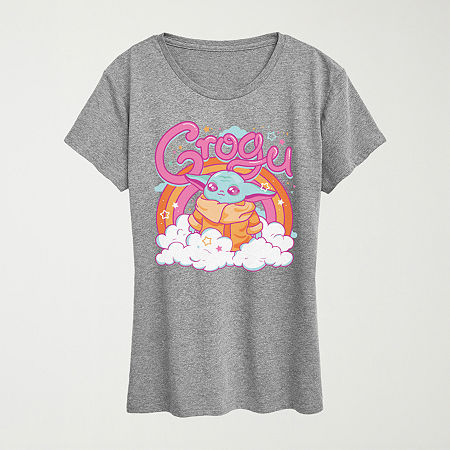 Grogu Kawaii Womens Crew Neck Short Sleeve Classic Fit Baby Yoda Graphic T-Shirt, Medium, Gray