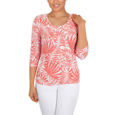 Hearts Of Palm Womens Round Neck 3/4 Sleeve TShirt, Color Coral Multi