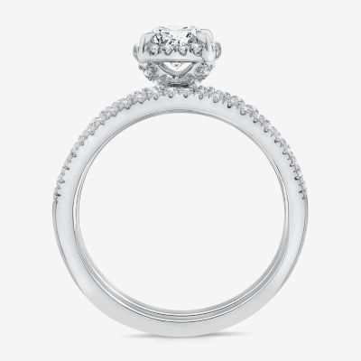 (F / VS2) Womens 1 CT. T.W. Lab Grown White Diamond 10K or 14K Gold Round Side Stone Halo Bridal Set