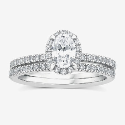 (G / Si1-Si2) Womens 1 CT. T.W. Lab Grown White Diamond 10K White Gold Oval Side Stone Halo Bridal Set