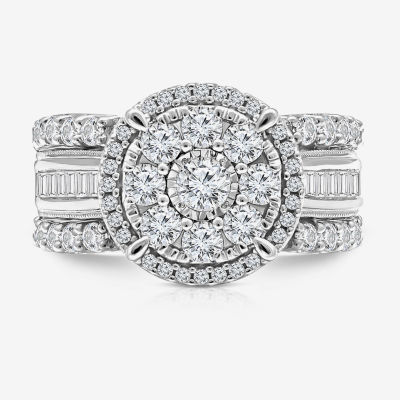 (I / I1) Womens 2 CT. T.W. Lab Grown White Diamond 10K Gold Round Side Stone Halo Engagement Ring